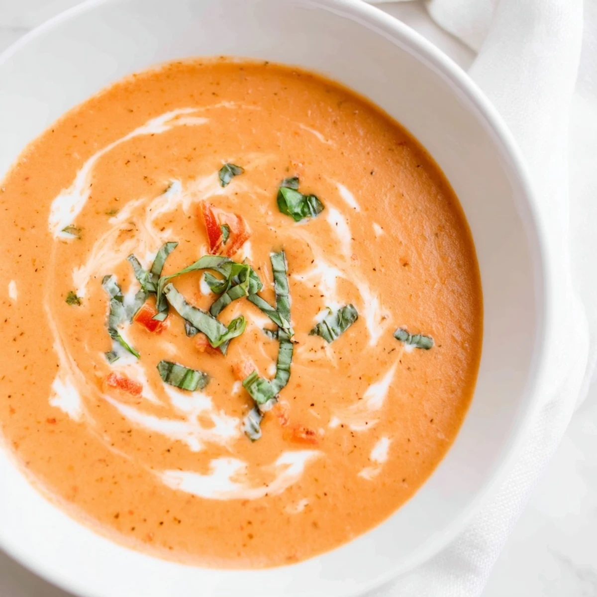 Velvety tomato basil bisque simmering in a pot, ready to be ladled into rustic bowls.  