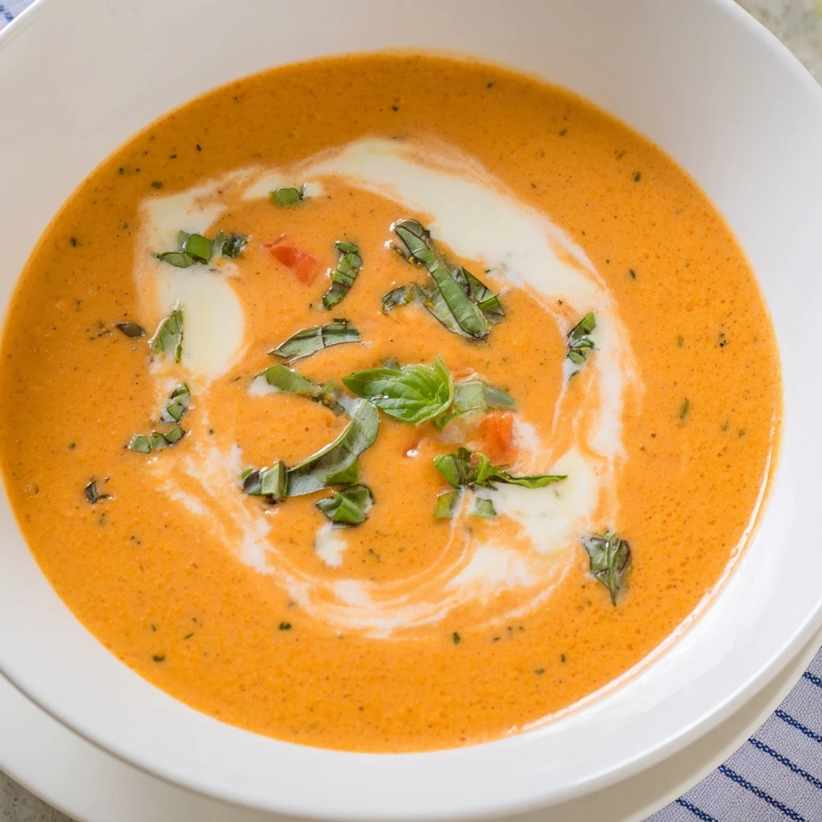 Creamy tomato basil bisque paired with a grilled cheese sandwich for a comforting, classic meal.