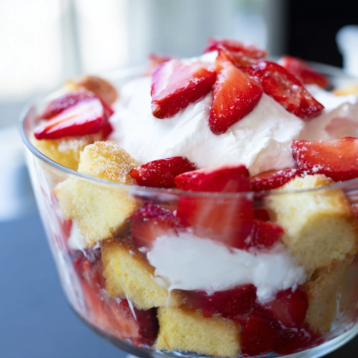 In a clear trifle dish, the Strawberry Shortcake Trifle is beautifully layered with fluffy cake, ruby-red strawberries, and billowy whipped cream, perfect for a summer gathering.