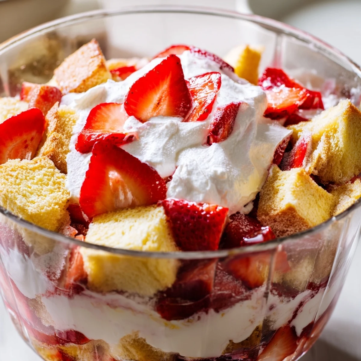 This close-up view of Strawberry Shortcake Trifle showcases juicy, glistening strawberry slices nestled between soft cake cubes and a generous cloud of vanilla-scented whipped cream.