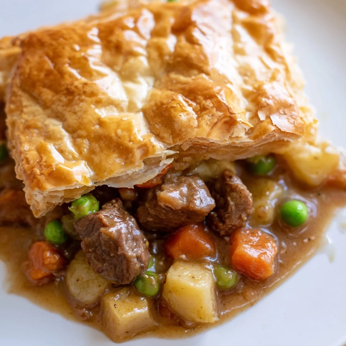 Golden, flaky puff pastry tops a savory beef pot pie filled with tender vegetables and rich gravy.