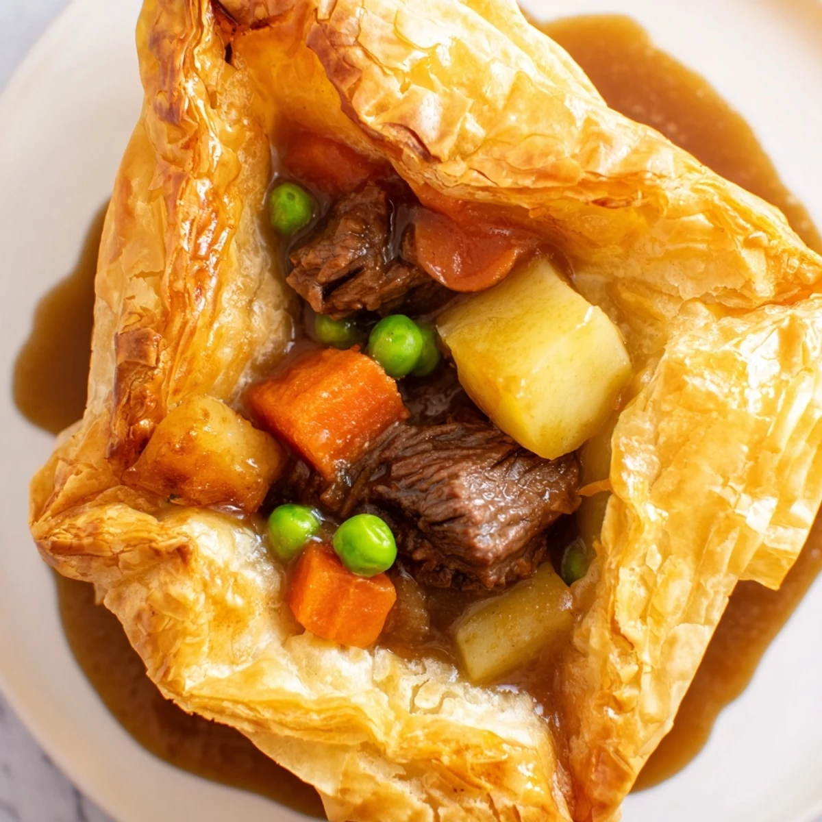 A slice of homemade beef pot pie reveals tender beef, peas, and carrots under a crisp crust.
