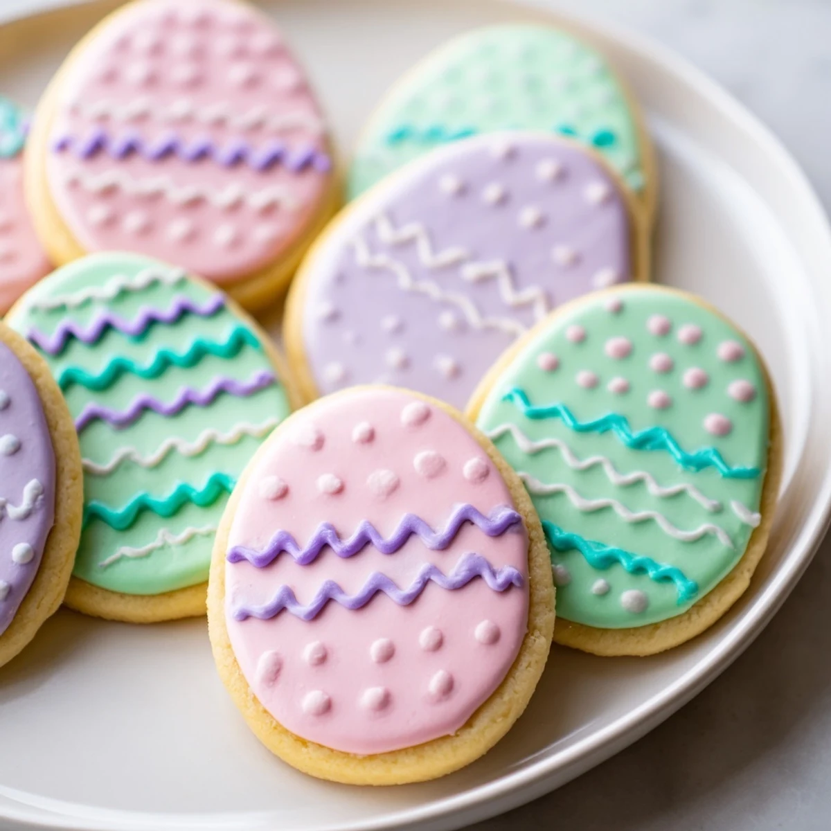 A platter of homemade Easter Egg Sugar Cookies, iced in pastel pinks, blues, and yellows, arranged on a spring table.