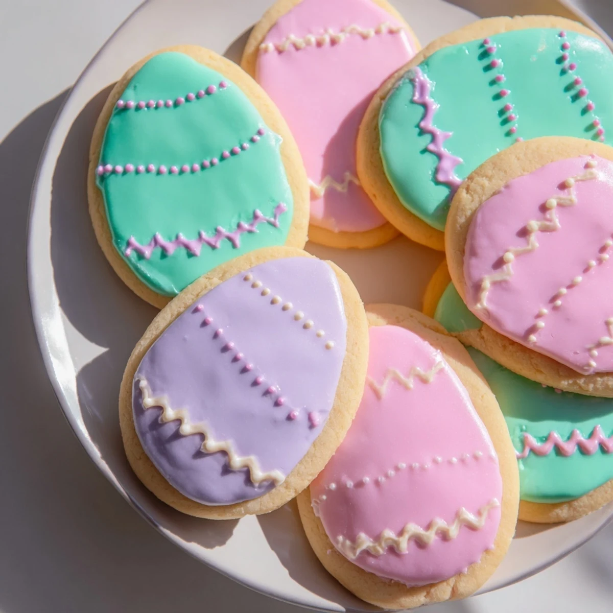 Freshly baked Easter Egg Sugar Cookies decorated with vibrant royal icing, perfect for spring celebrations and family baking fun.