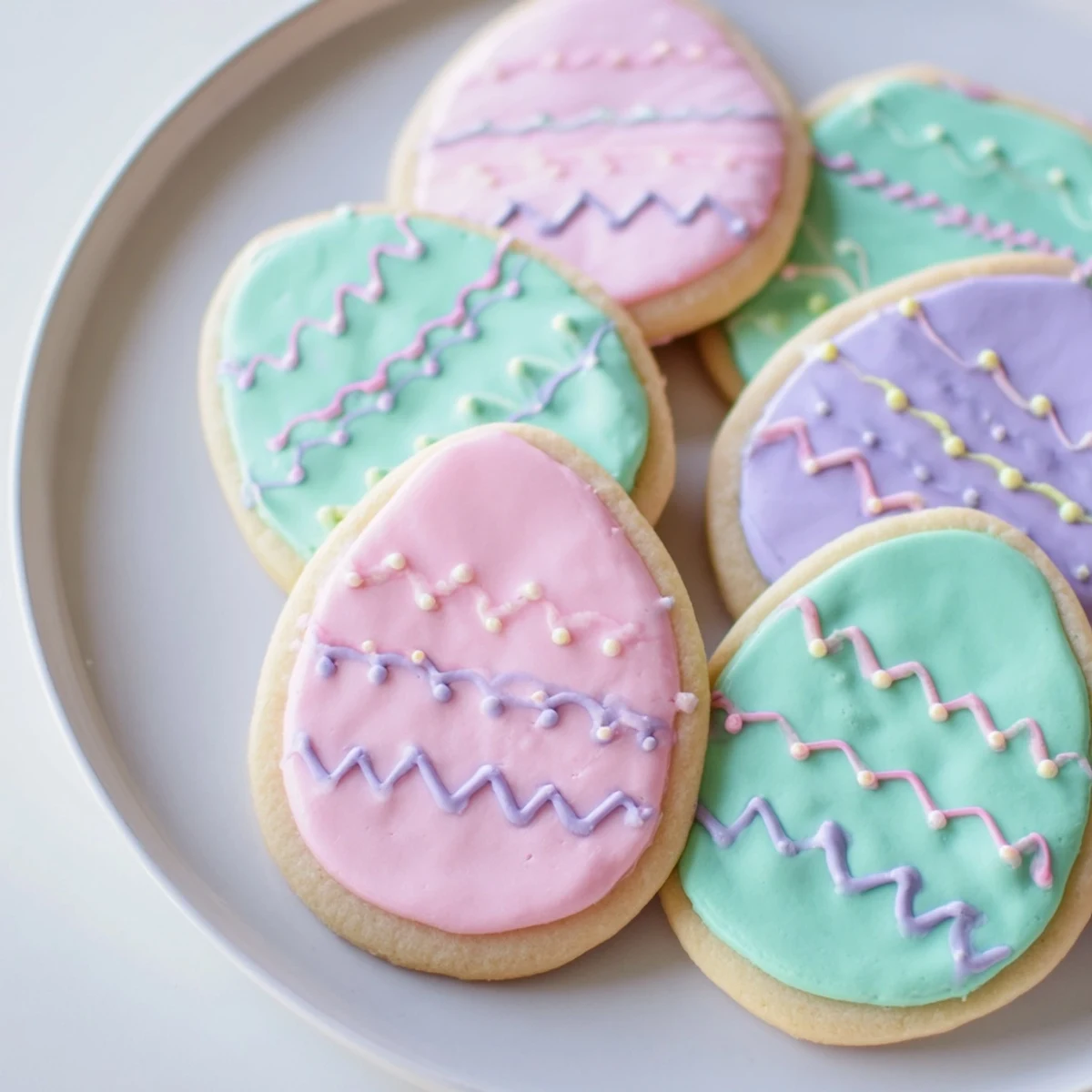 Soft buttery Easter Egg Sugar Cookies with colorful icing, ideal for a festive dessert platter or afternoon tea.