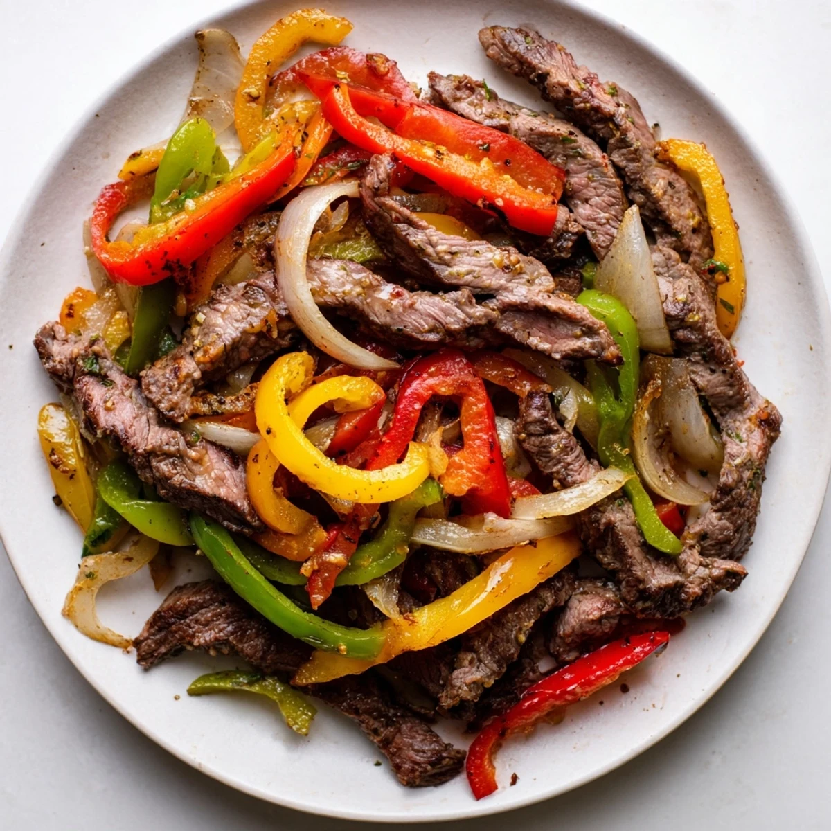 Sizzling strips of marinated beef, colorful bell peppers, and onions piled high for a classic Beef Fajitas with Peppers and Onions.