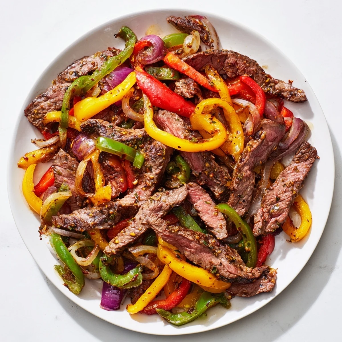 A skillet of sizzling Beef Fajitas with Peppers and Onions, garnished with lime wedges and cilantro, ready for a Tex-Mex dinner.