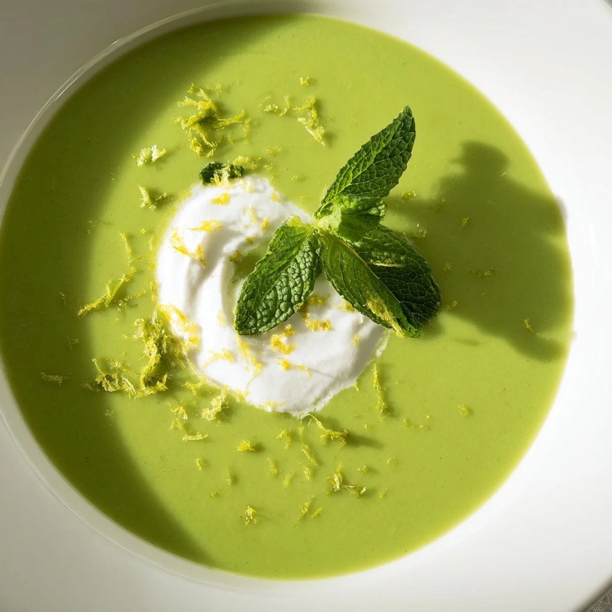 Bright green Spring Pea Soup with Mint and Crème Fraîche swirls in a rustic ceramic bowl, garnished with fresh mint leaves.