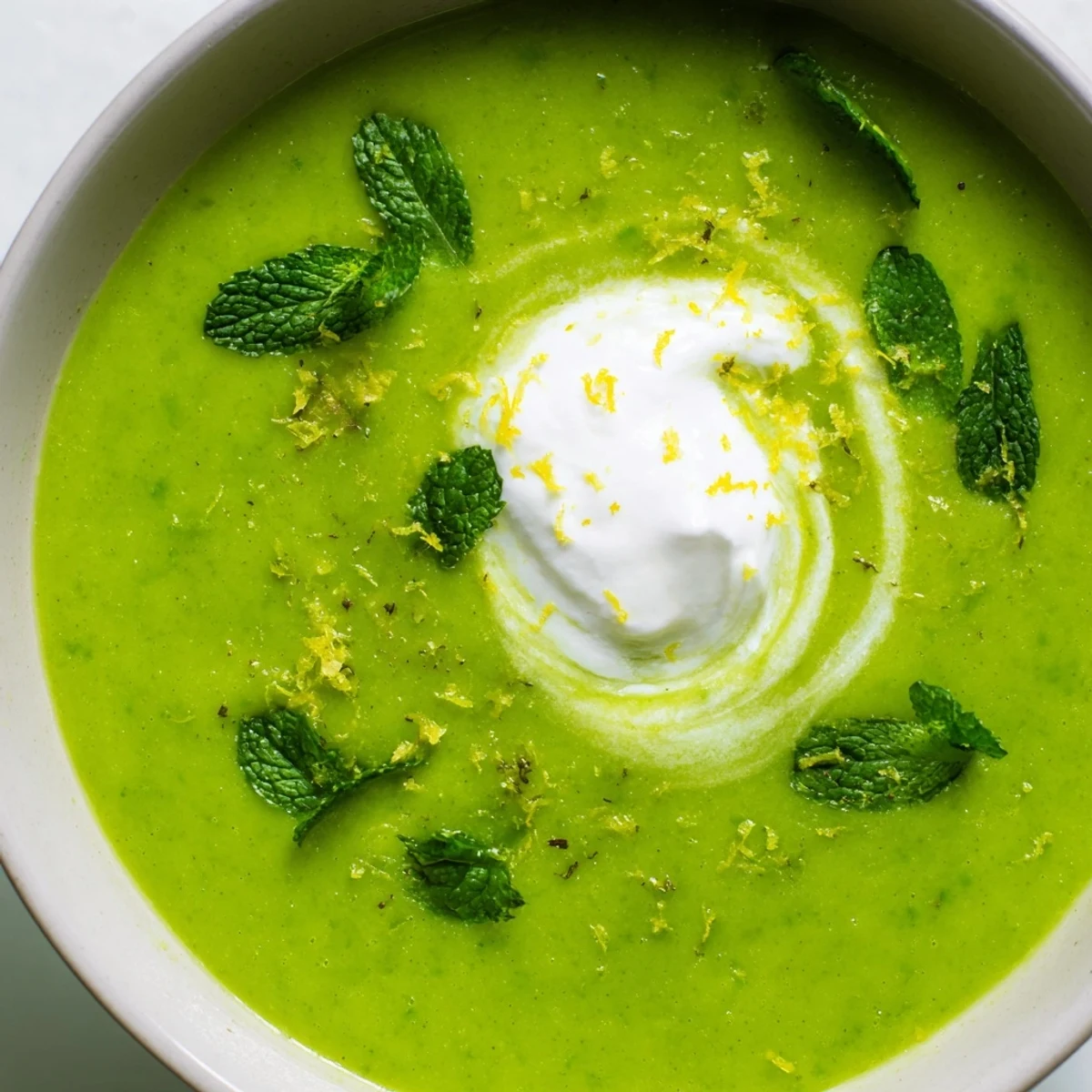 A close-up of creamy Spring Pea Soup with Mint and Crème Fraîche, served hot with a golden toast point on the side.