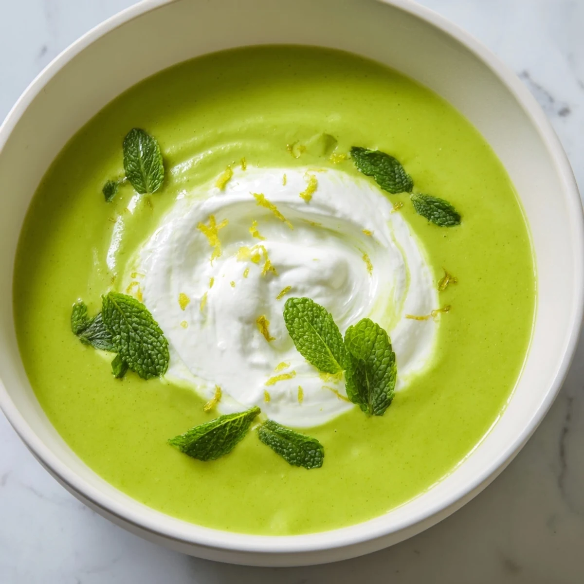 Spring Pea Soup with Mint and Crème Fraîche in a white bowl, topped with a dollop of tangy crème fraîche and lemon zest.