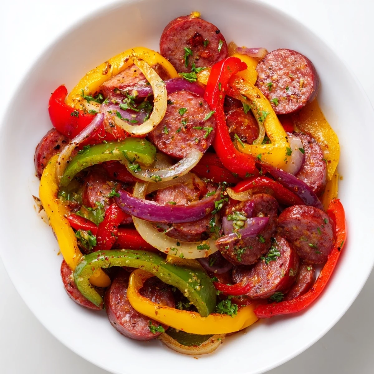 Sizzling Beef Sausage and Pepper Skillet with colorful bell peppers and onions in a rustic pan.  