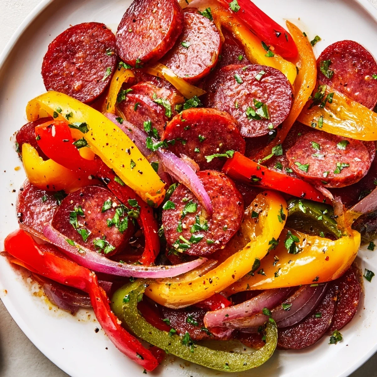 Hearty Beef Sausage and Pepper Skillet served over steamed rice, garnished with fresh parsley.  