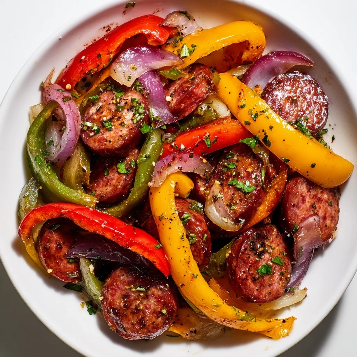 Savory Beef Sausage and Pepper Skillet ready to eat, paired with crusty bread for dipping.