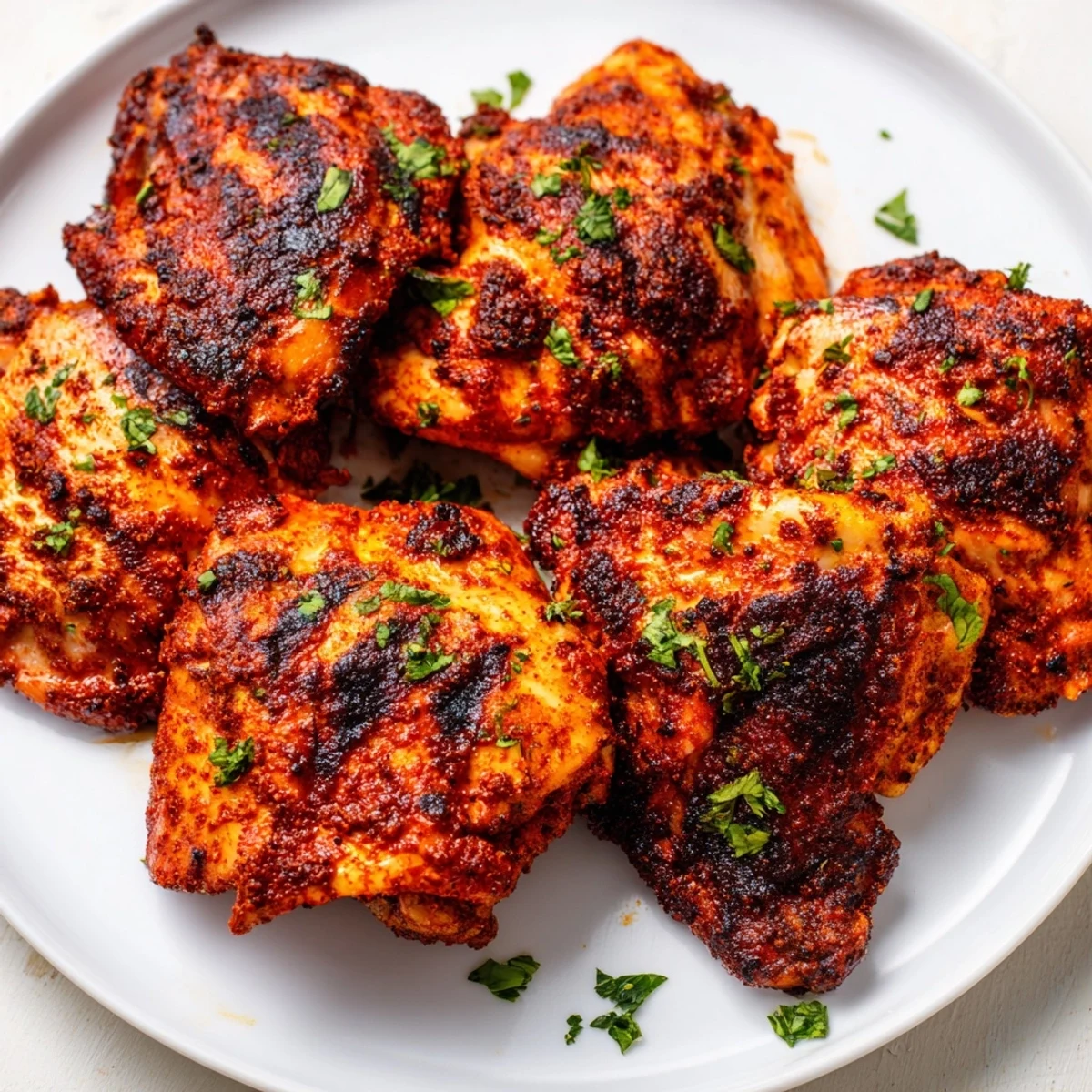 Golden-brown Cajun Spiced Grilled Chicken Thighs sizzling on the grill, showcasing char marks and juicy interior.