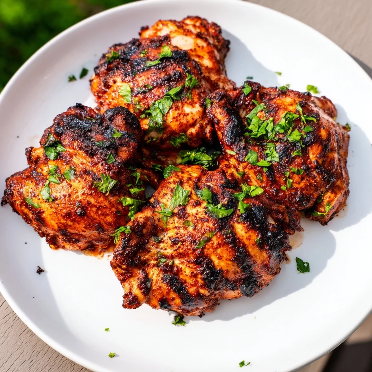 Savory Cajun Spiced Grilled Chicken Thighs served alongside corn on the cob and a crisp green salad.