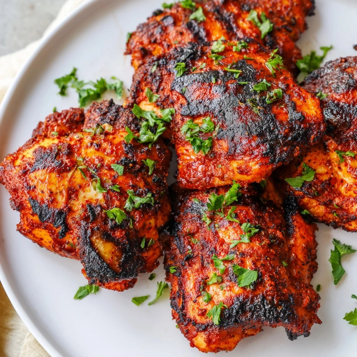 Heavily seasoned Cajun Spiced Grilled Chicken Thighs resting on a platter with lemon wedges and parsley.