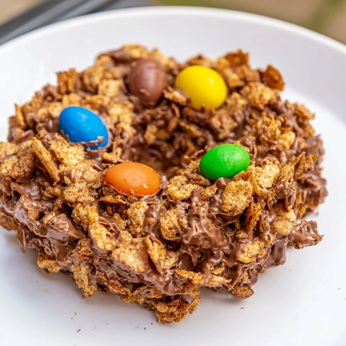 Twelve Chocolate Easter Egg Nests are nestled in cupcake liners, showcasing glossy chocolate shells holding bright candy eggs, arranged on a pastel background.  