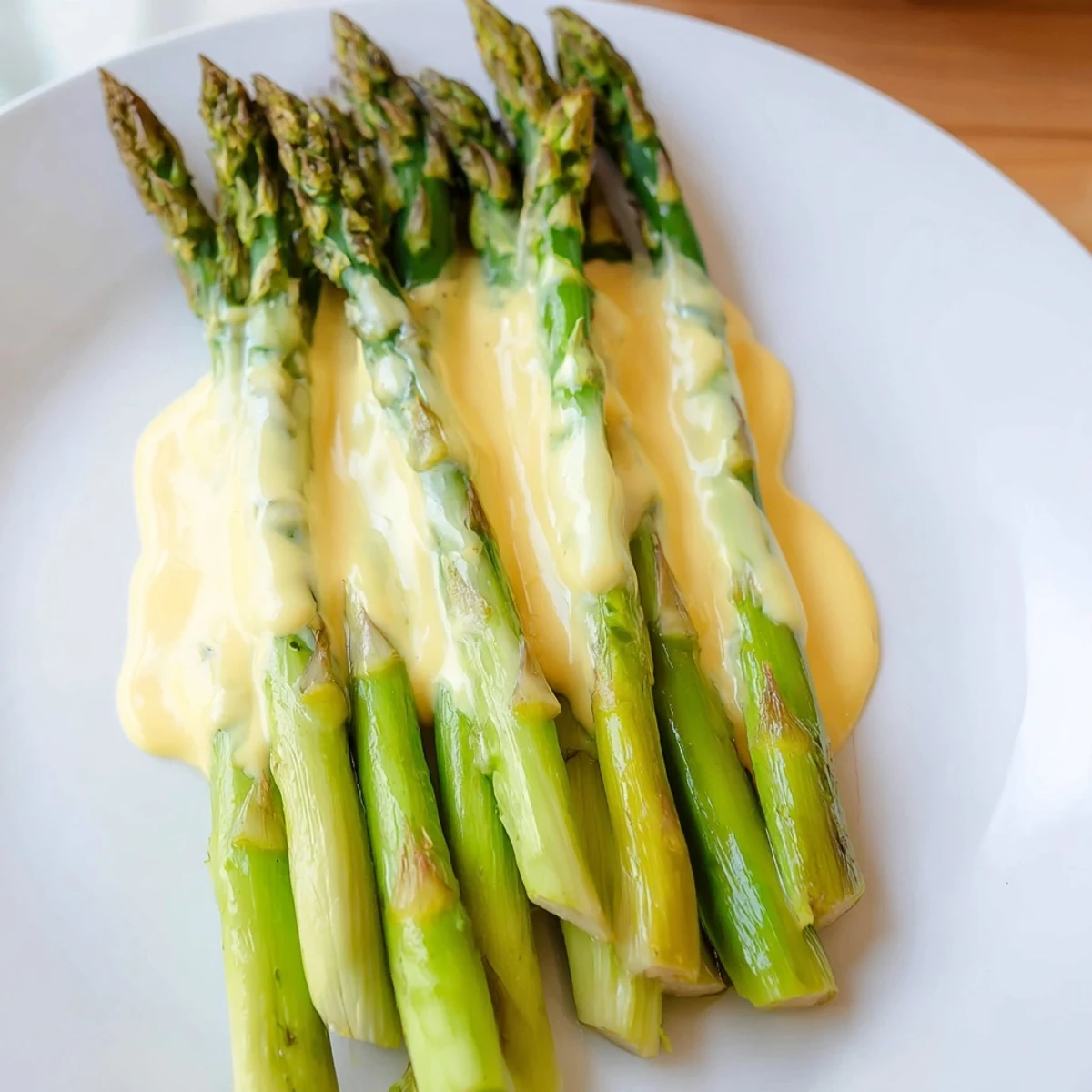 Freshly roasted asparagus served warm with a rich, buttery Roasted Asparagus with Hollandaise Sauce, garnished with a light dusting of black pepper.