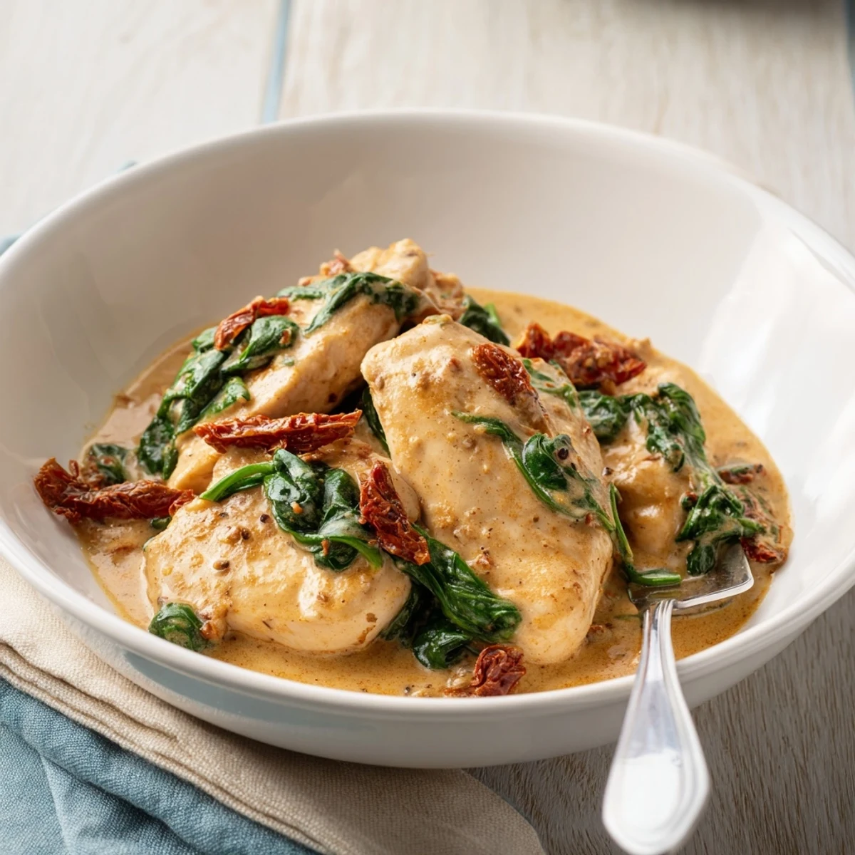 Tender, golden-browned chicken breasts simmered in a creamy garlic sauce with wilted spinach and sliced sundried tomatoes, garnished with fresh basil.