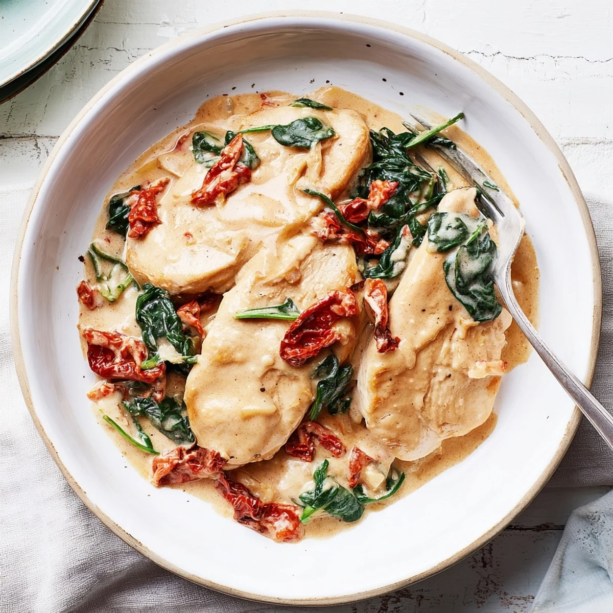 A close-up of creamy garlic chicken with spinach and sundried tomatoes served hot over a bed of fluffy white rice, steam rising.
