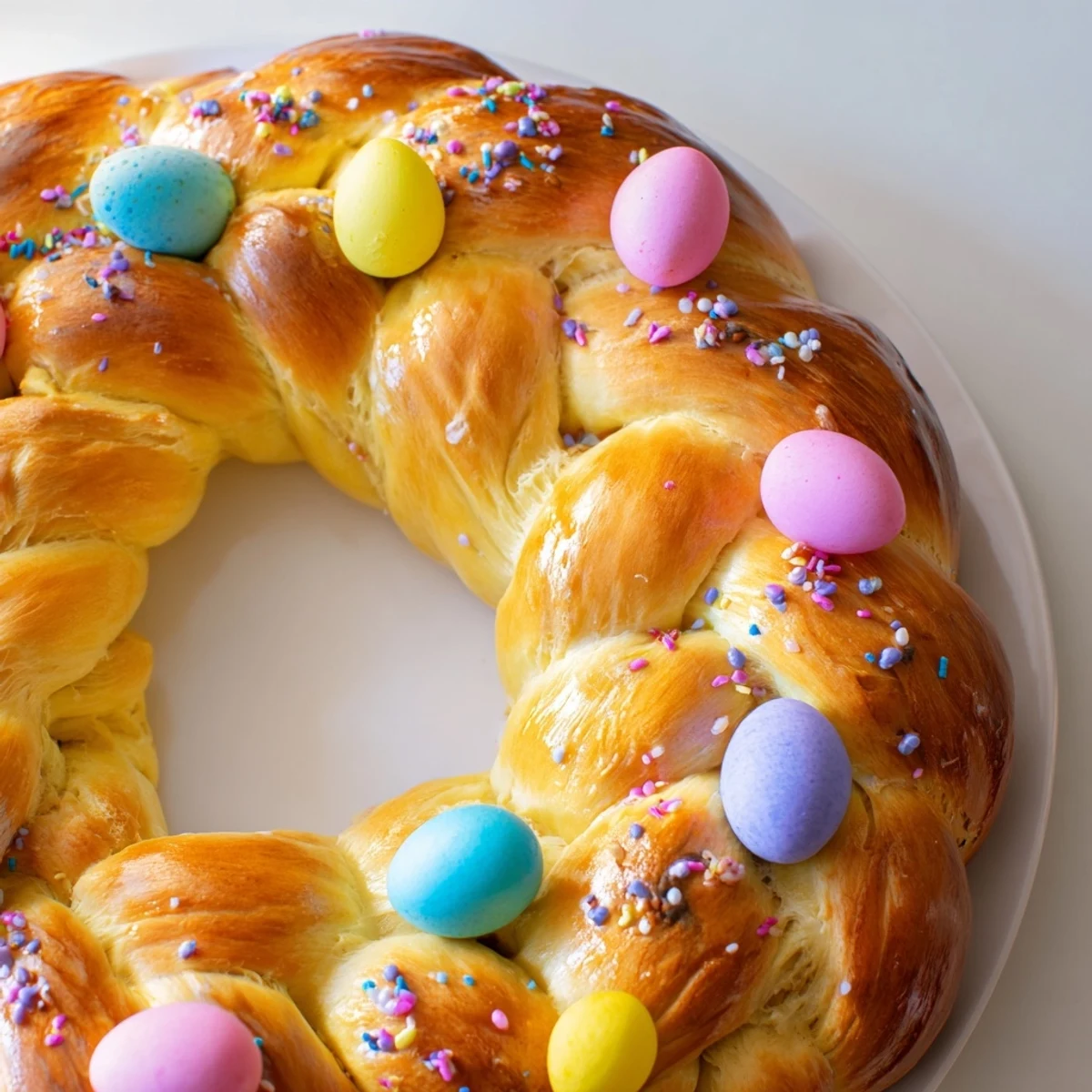 A golden braided Easter Bread with Colored Eggs sits on a wooden cutting board beside a small jar of honey.
