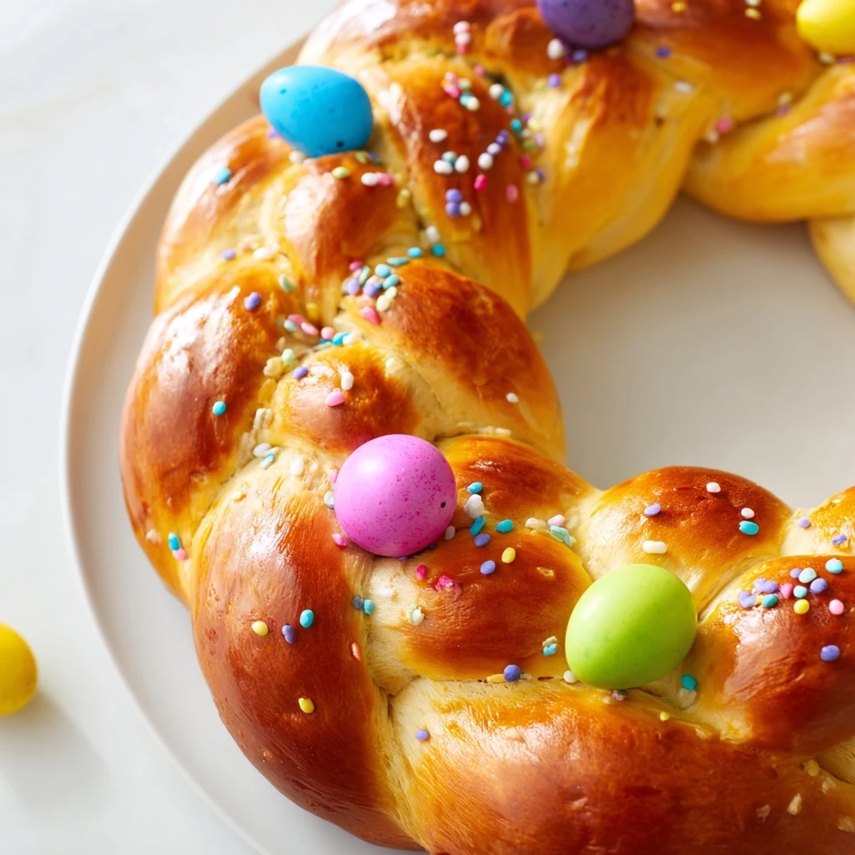 Easter Bread with Colored Eggs is decorated with vibrant pastel eggs, ready to serve at a festive spring brunch.