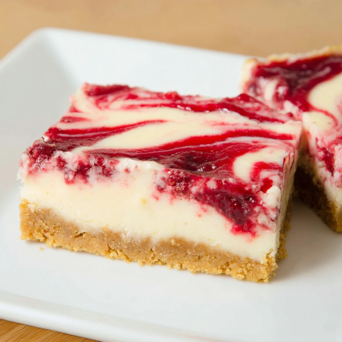Creamy Raspberry White Chocolate Cheesecake Bars on a graham cracker crust topped with fresh berry swirls.