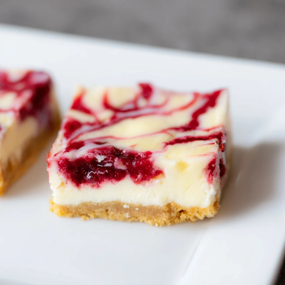 A close-up of Raspberry White Chocolate Cheesecake Bars with a rich, velvety texture and ruby red raspberry ribbons.