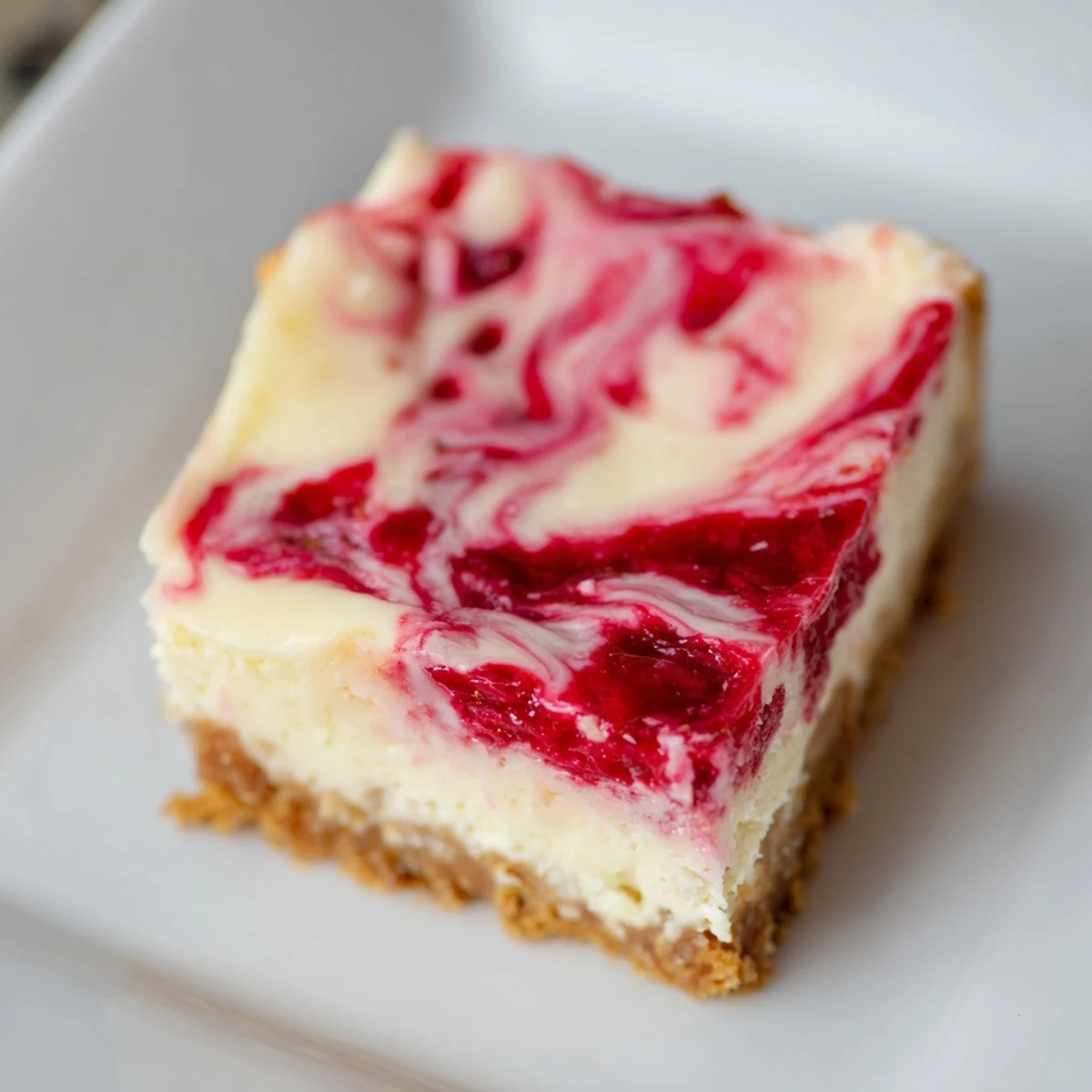 Chilled slices of Raspberry White Chocolate Cheesecake Bars served on a plate, showcasing a buttery crust and white chocolate chunks.
