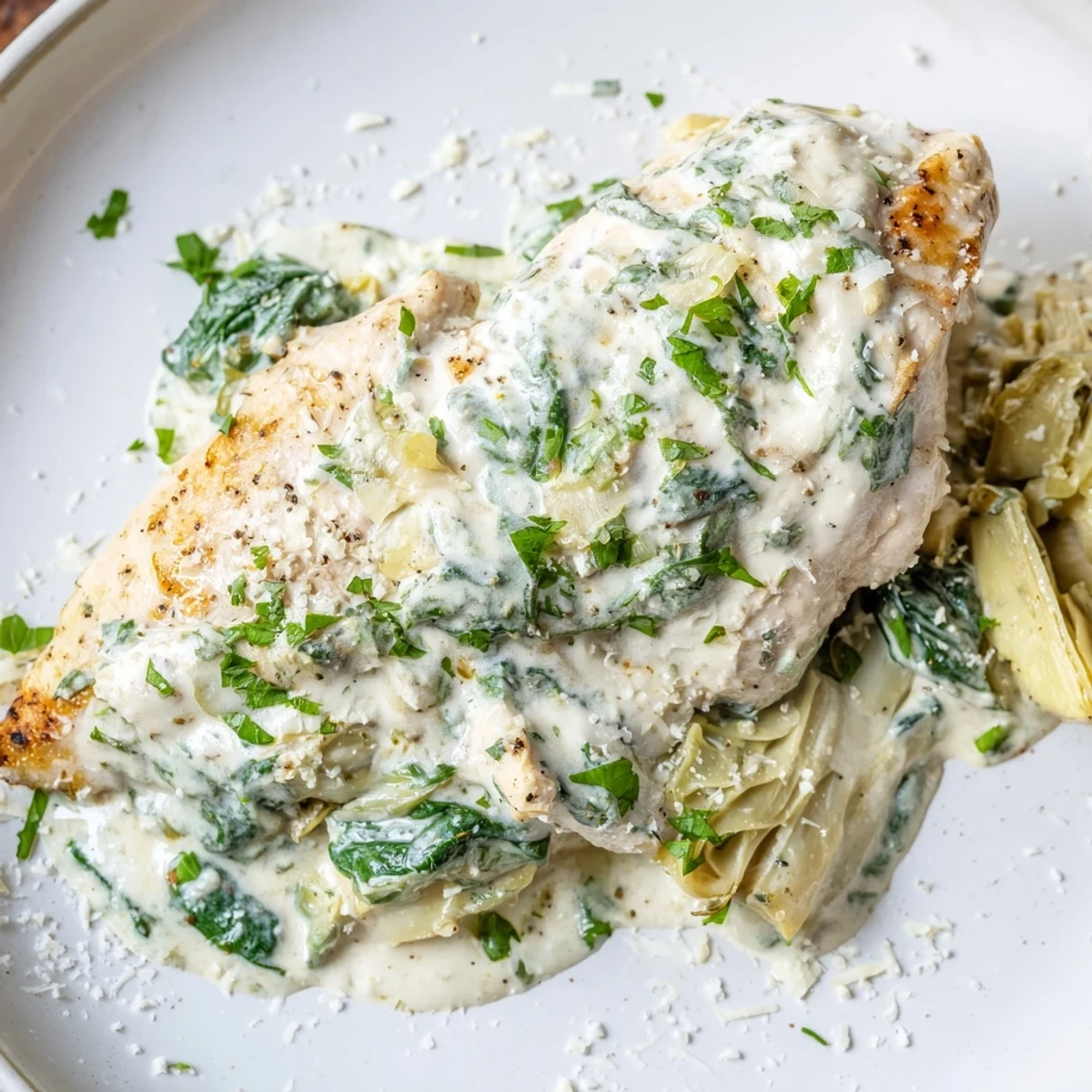 Creamy spinach and artichoke chicken skillet sits beside a serving of cauliflower rice, perfect for a gluten-free dinner.