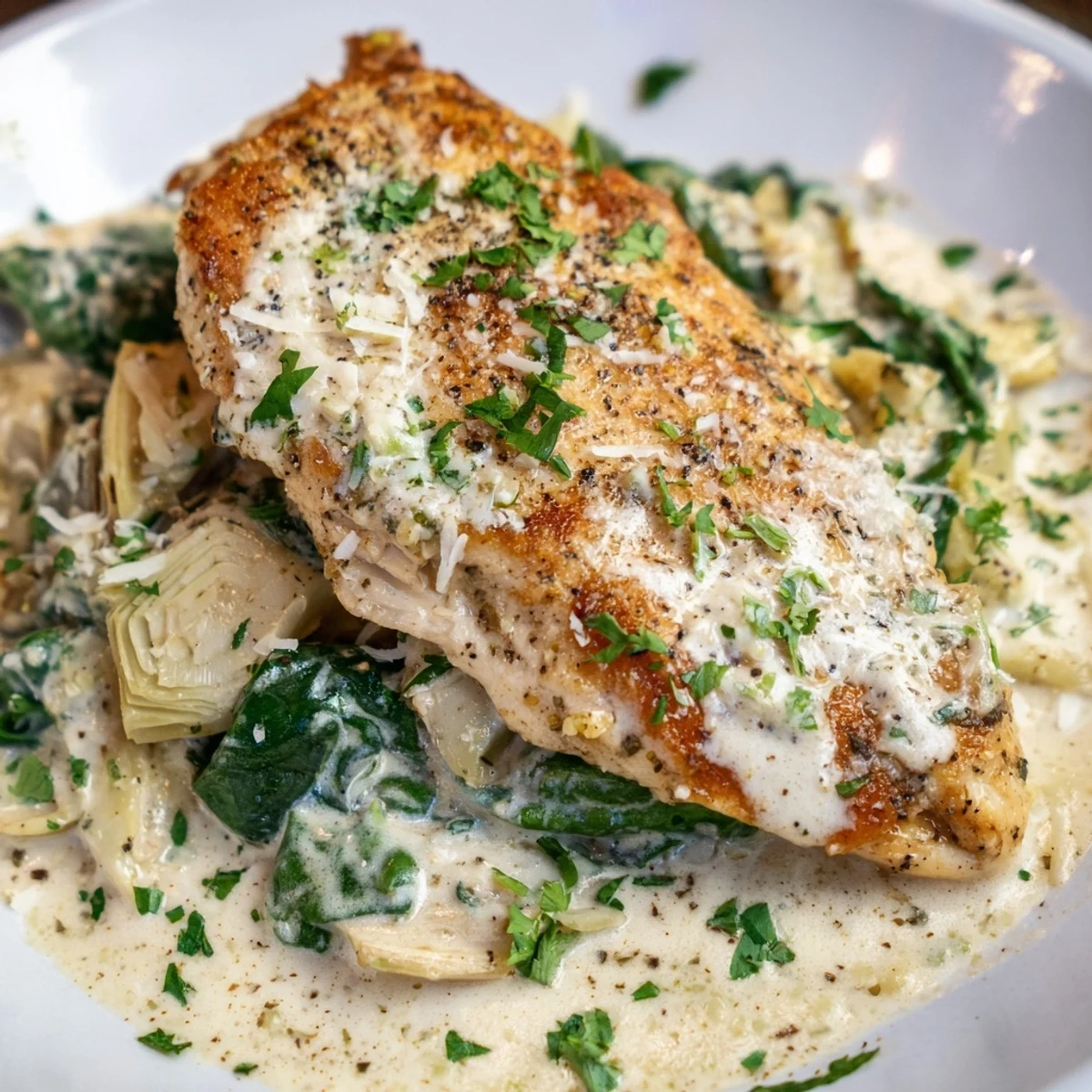 Golden-brown chicken breasts rest in a creamy spinach and artichoke chicken skillet sauce, garnished with fresh parsley.