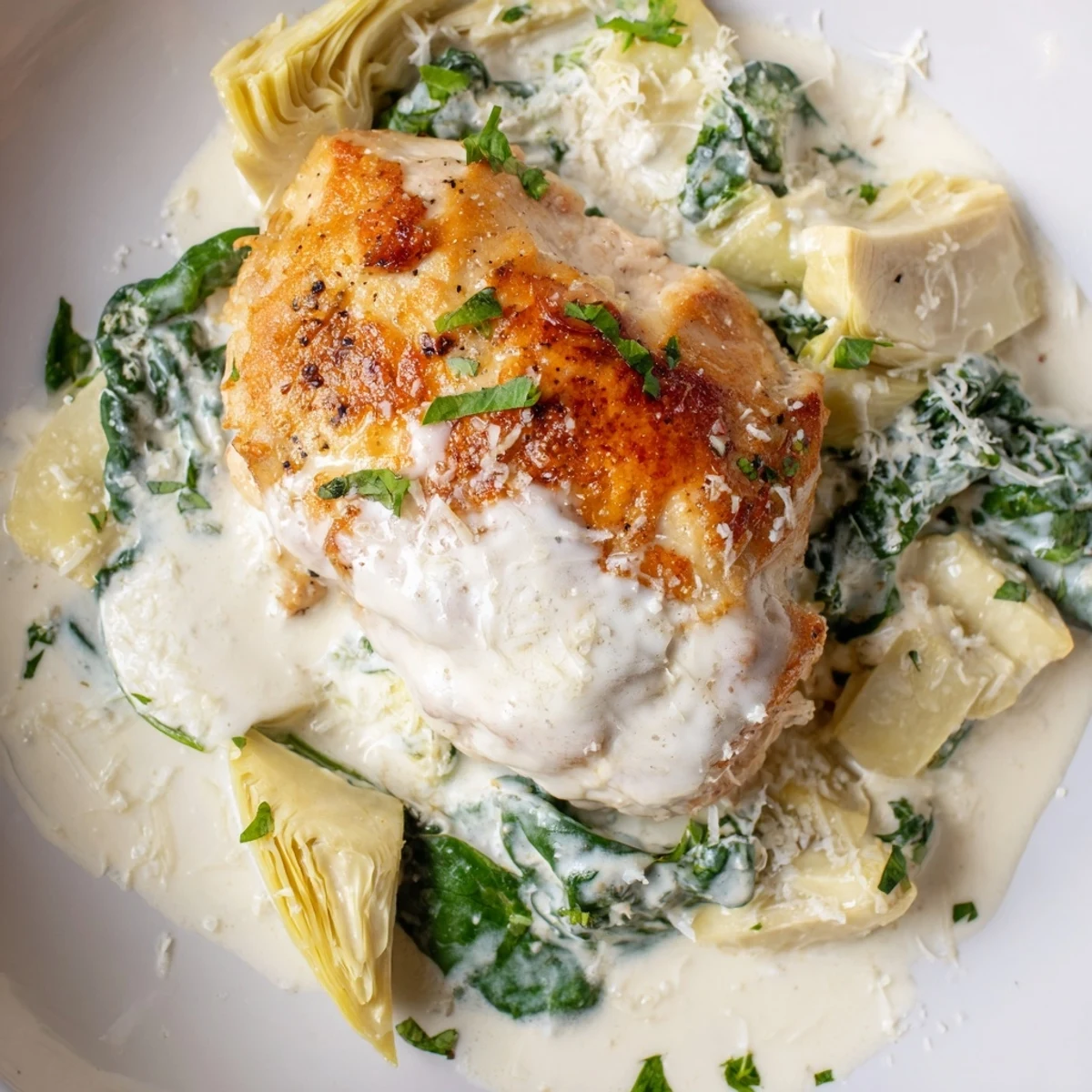 A close-up view shows tender spinach and artichoke hearts in a rich sauce topping the creamy spinach and artichoke chicken skillet.