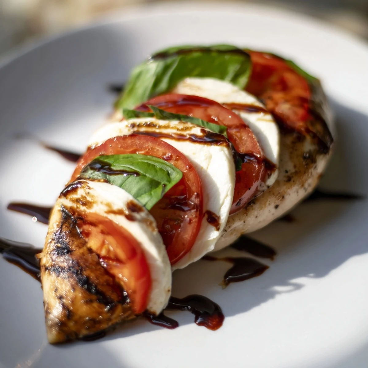 Tender golden-baked Caprese Stuffed Chicken Breast shows melted mozzarella, juicy tomato, and fresh basil with balsamic glaze.