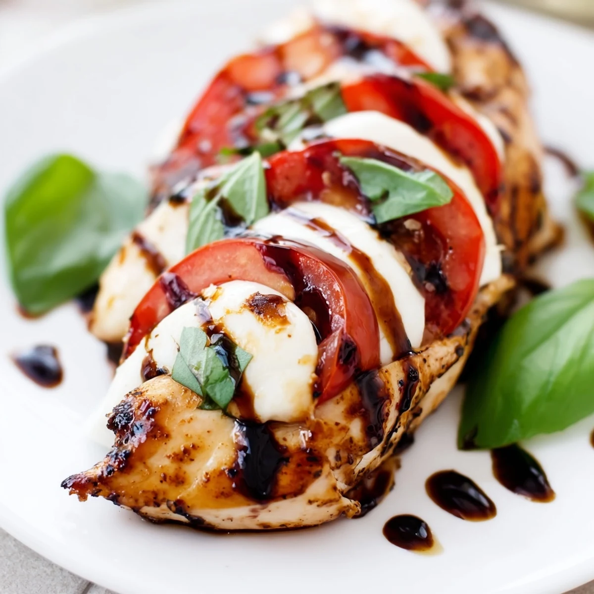 In this Caprese Stuffed Chicken Breast, seared edges frame oozing mozzarella and tomato, garnished with basil and drizzle.