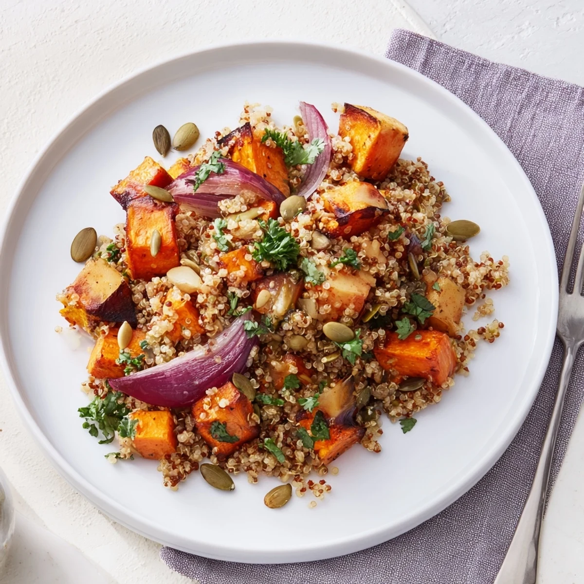 Warm Quinoa Salad with Roasted Root Vegetables served warm in a rustic bowl with golden caramelized carrots and parsnips.