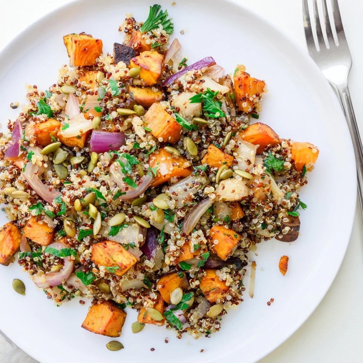 Overhead photo of Warm Quinoa Salad with Roasted Root Vegetables topped with crunchy pumpkin seeds and fresh parsley.