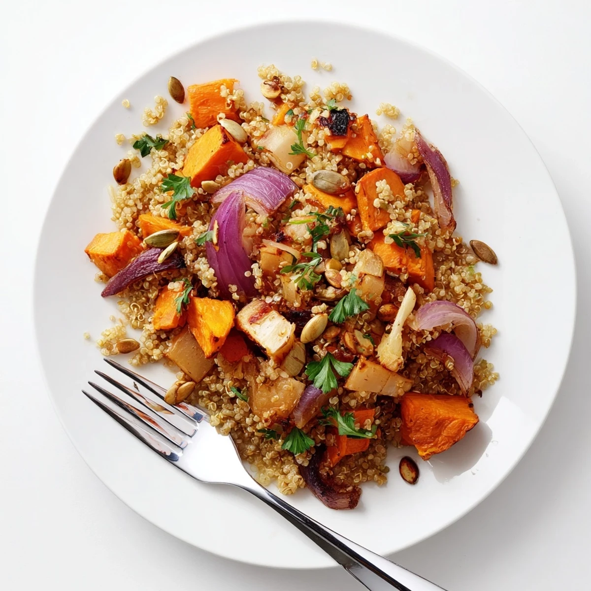 Close-up of Warm Quinoa Salad with Roasted Root Vegetables drizzled with zesty vinaigrette and feta crumbles.