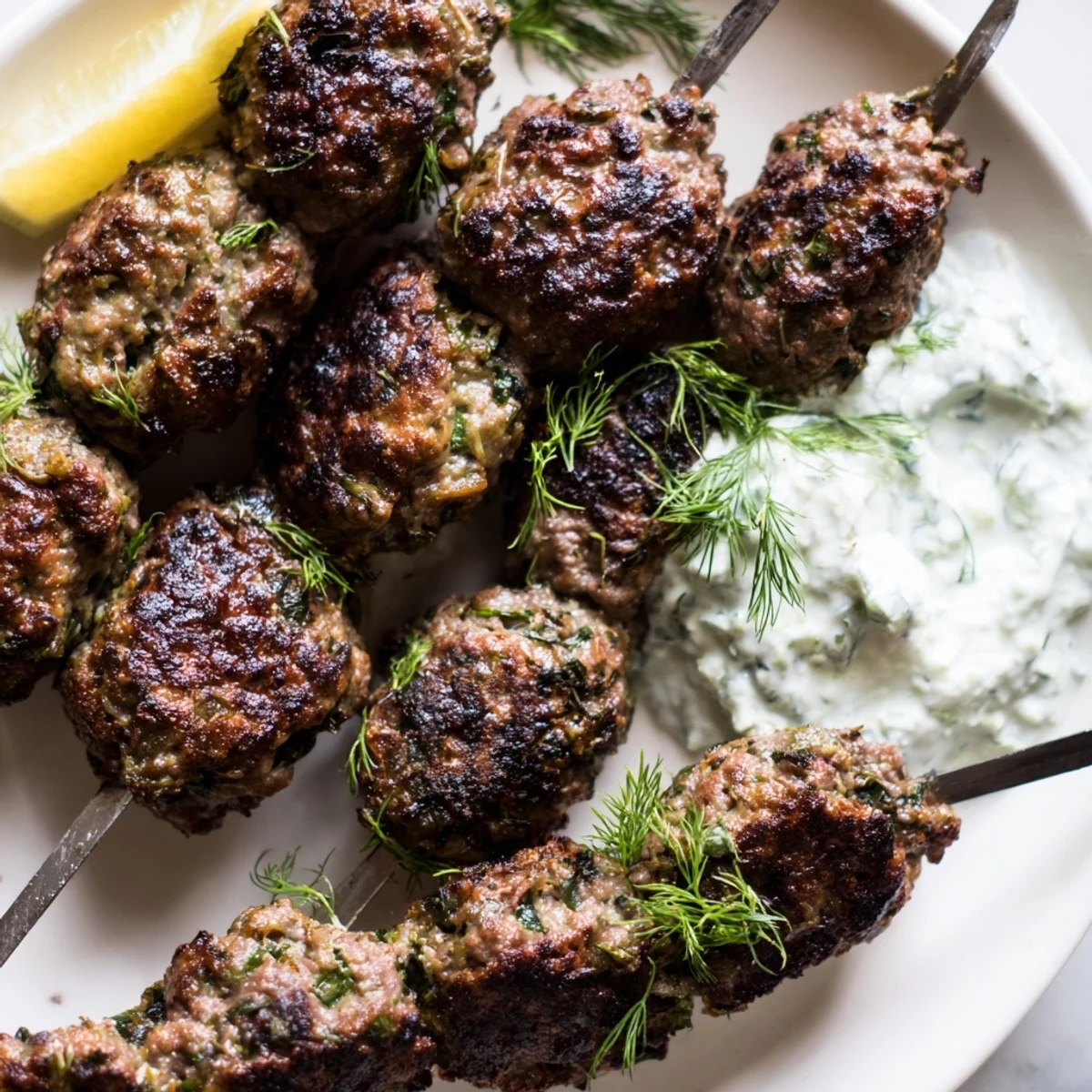 Grilled Beef Kofta Kebabs with Cucumber Yogurt Sauce on a plate with fresh herbs and lemon wedges, ready to serve. 