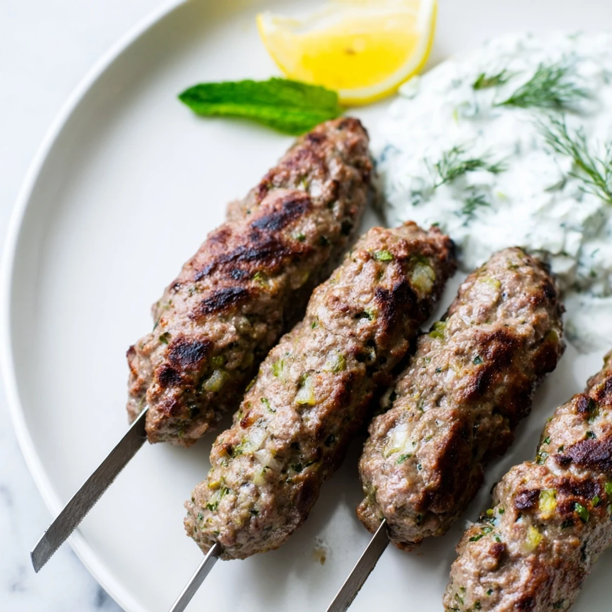 Plated Beef Kofta Kebabs alongside creamy cucumber yogurt sauce and warm pita bread for a flavorful dinner.