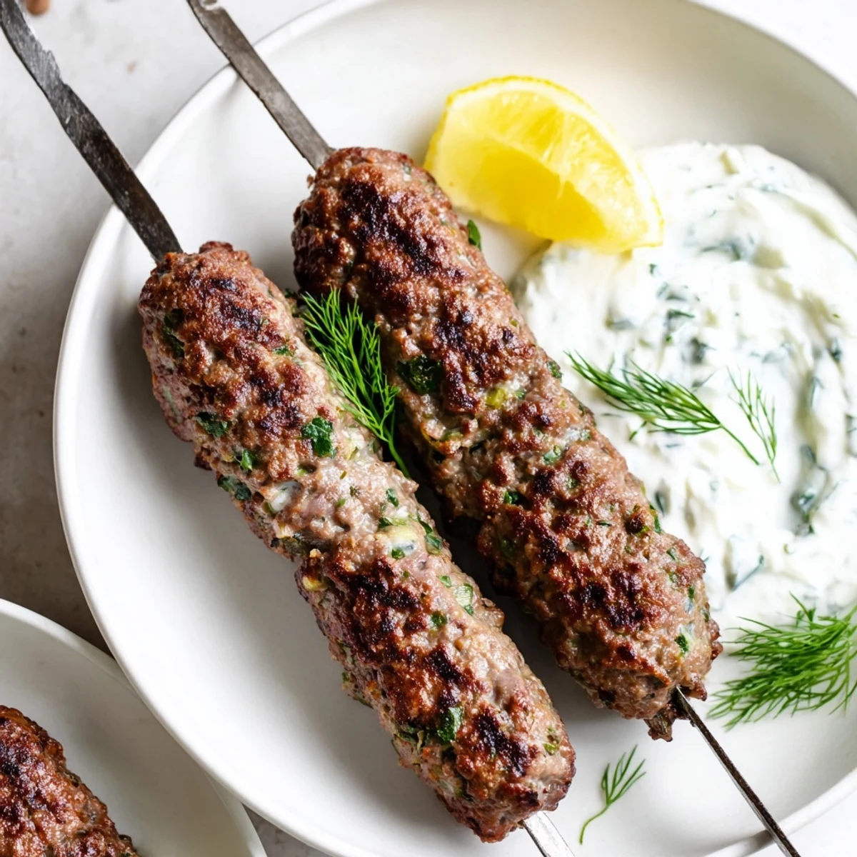 Juicy spiced Beef Kofta Kebabs sizzling on the grill, paired with a cool cucumber yogurt sauce for dipping. 