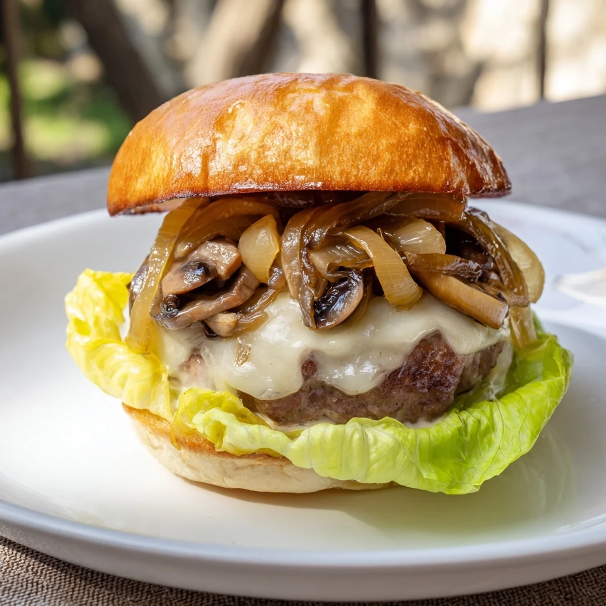 A close-up of the Beef Burger with Caramelized Onions and Mushrooms, featuring melted Swiss cheese oozing over a juicy patty on a toasted bun.