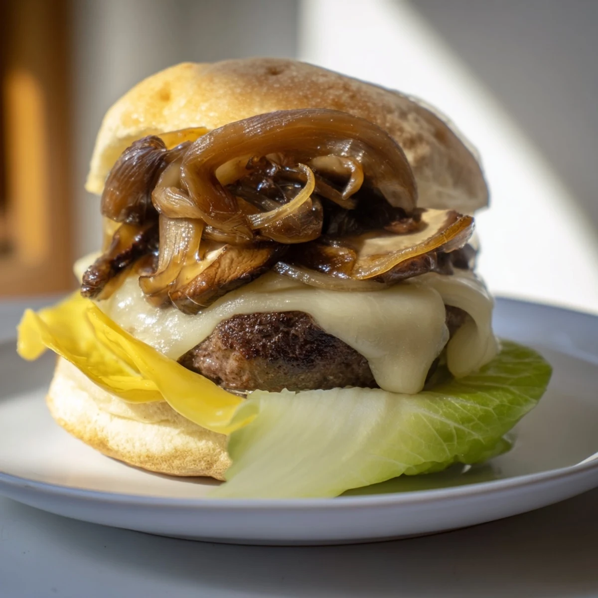 Golden sautéed mushrooms and sweet caramelized onions top the Beef Burger with Caramelized Onions and Mushrooms, highlighting the melted cheddar cheese.
