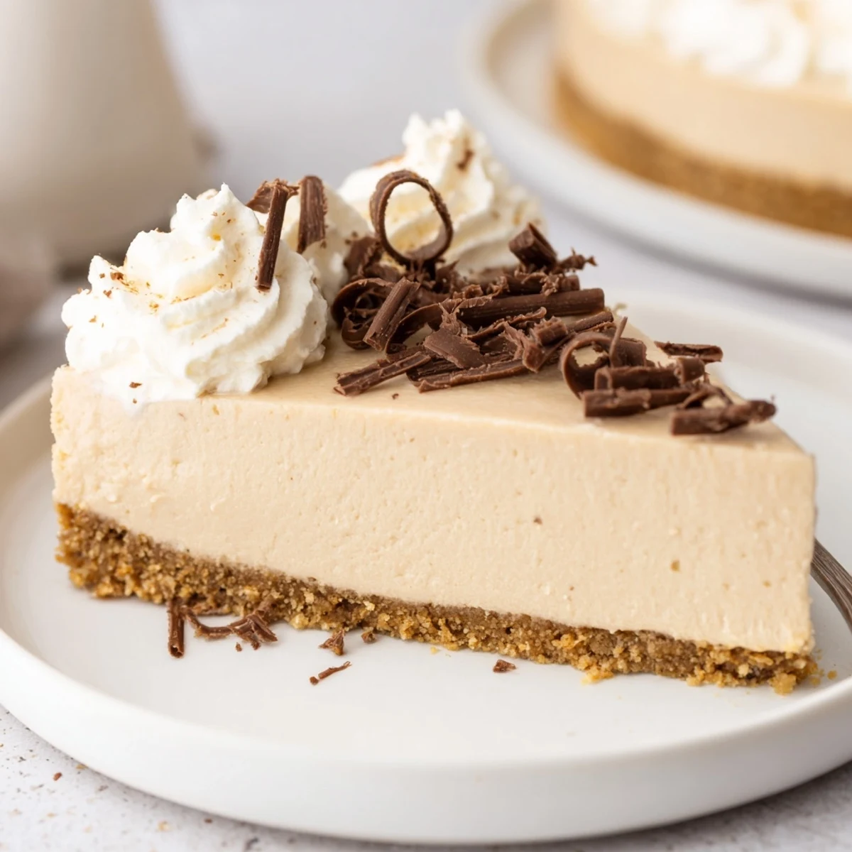 A fork cuts into a decadent Irish Cream Cheesecake, revealing the velvety texture and hint of Irish cream flavor in every bite.