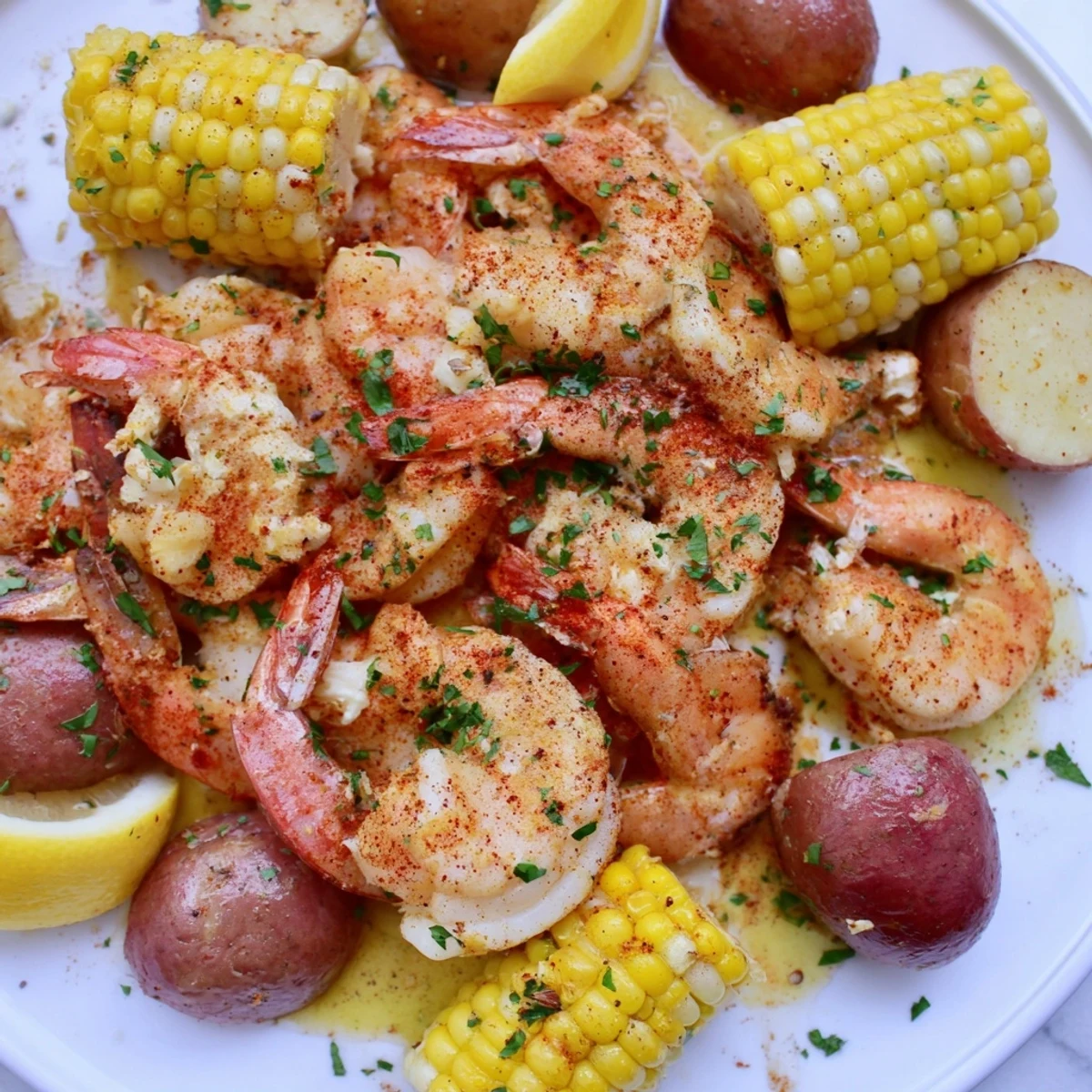 Steaming Cajun Shrimp Boil with corn, potatoes, and sausage on a newspaper-lined table.