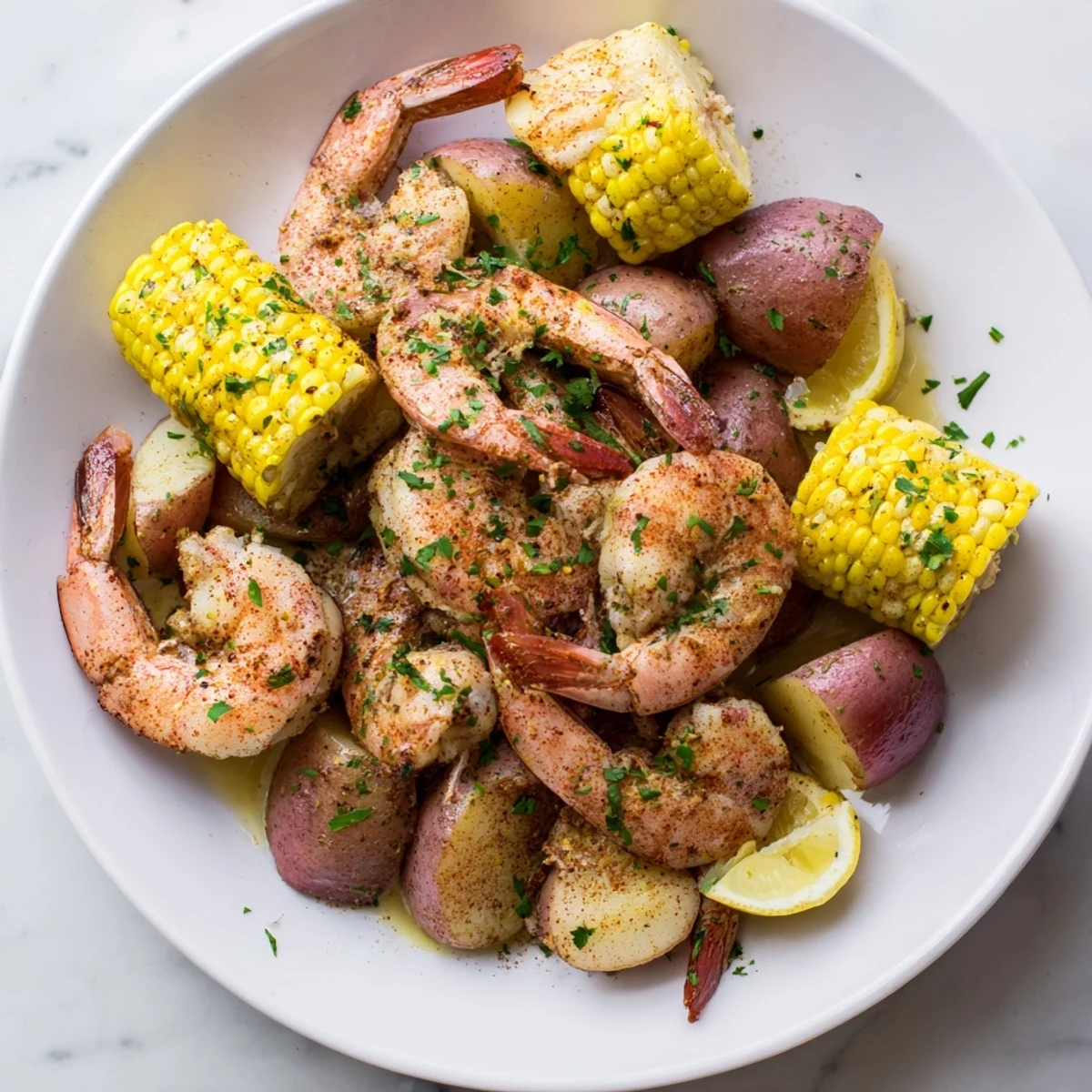 Hearty Cajun Shrimp Boil featuring sweet corn and baby potatoes, ready to serve.