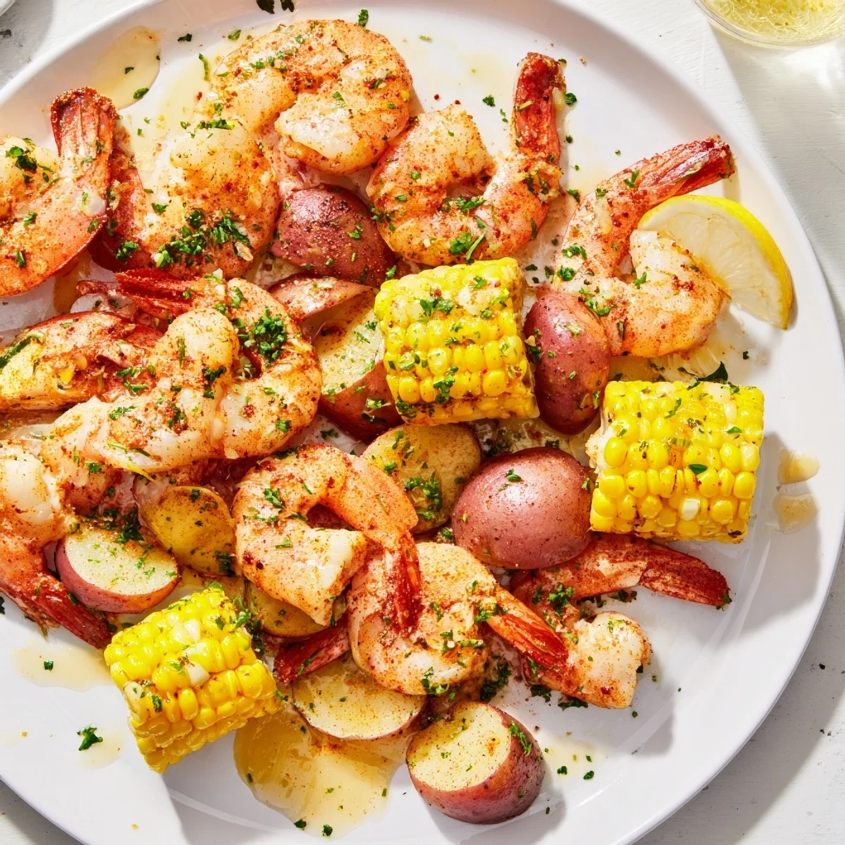 Platter of Cajun Shrimp Boil with tender potatoes, corn, and succulent shrimp, garnished.