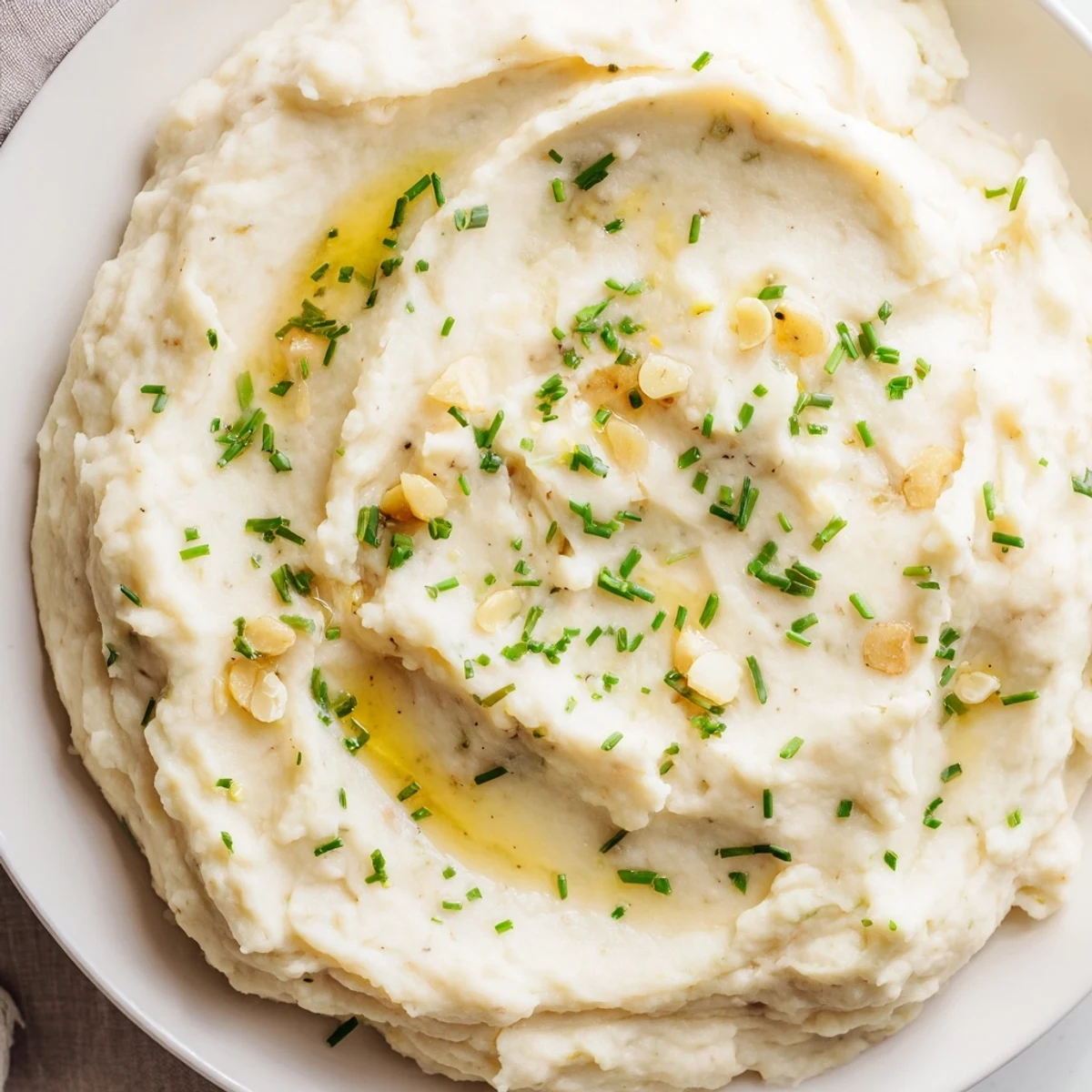 A creamy bowl of Roasted Garlic Mashed Cauliflower with fresh chives garnish and a side of roasted chicken.
