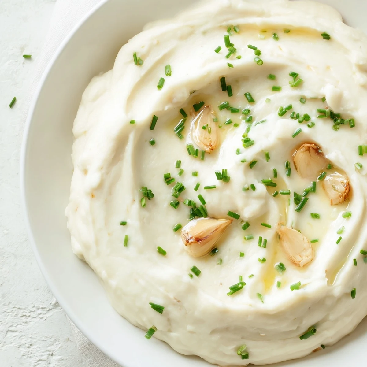Savory Roasted Garlic Mashed Cauliflower topped with chives in a rustic white bowl, perfect for a low-carb side.