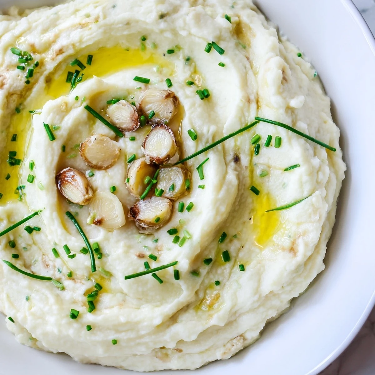 Smooth Roasted Garlic Mashed Cauliflower served hot, garnished with fresh chives for a flavorful vegetarian dinner side.