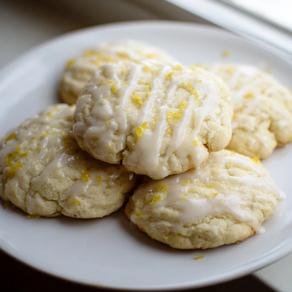Freshly baked Lemon Ricotta Cookies with Glaze rest on a cooling rack, their pale yellow centers peeking through a glossy white drizzle.